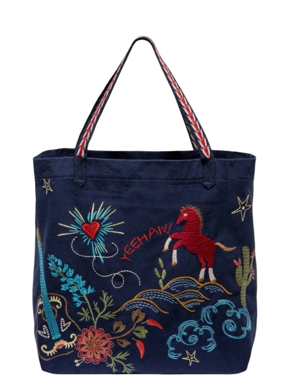 Johnny Was Texas Navy Embroidered Canvas Tote with Multicolor Floral Motif